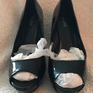 Aldo Black Patent peep toe stiletto heels, worn once to a wedding